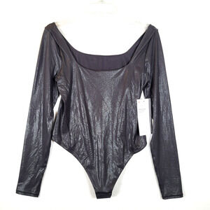 Lululemon Womens Nulu Bodysuit Size Large Black Square Neck Pilates Yoga Sheen